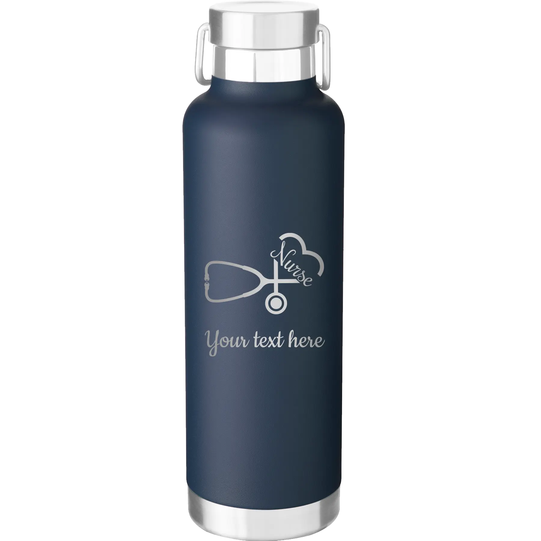 Personalized navy 24 oz vacuum insulated water bottle with 'Nurse' design