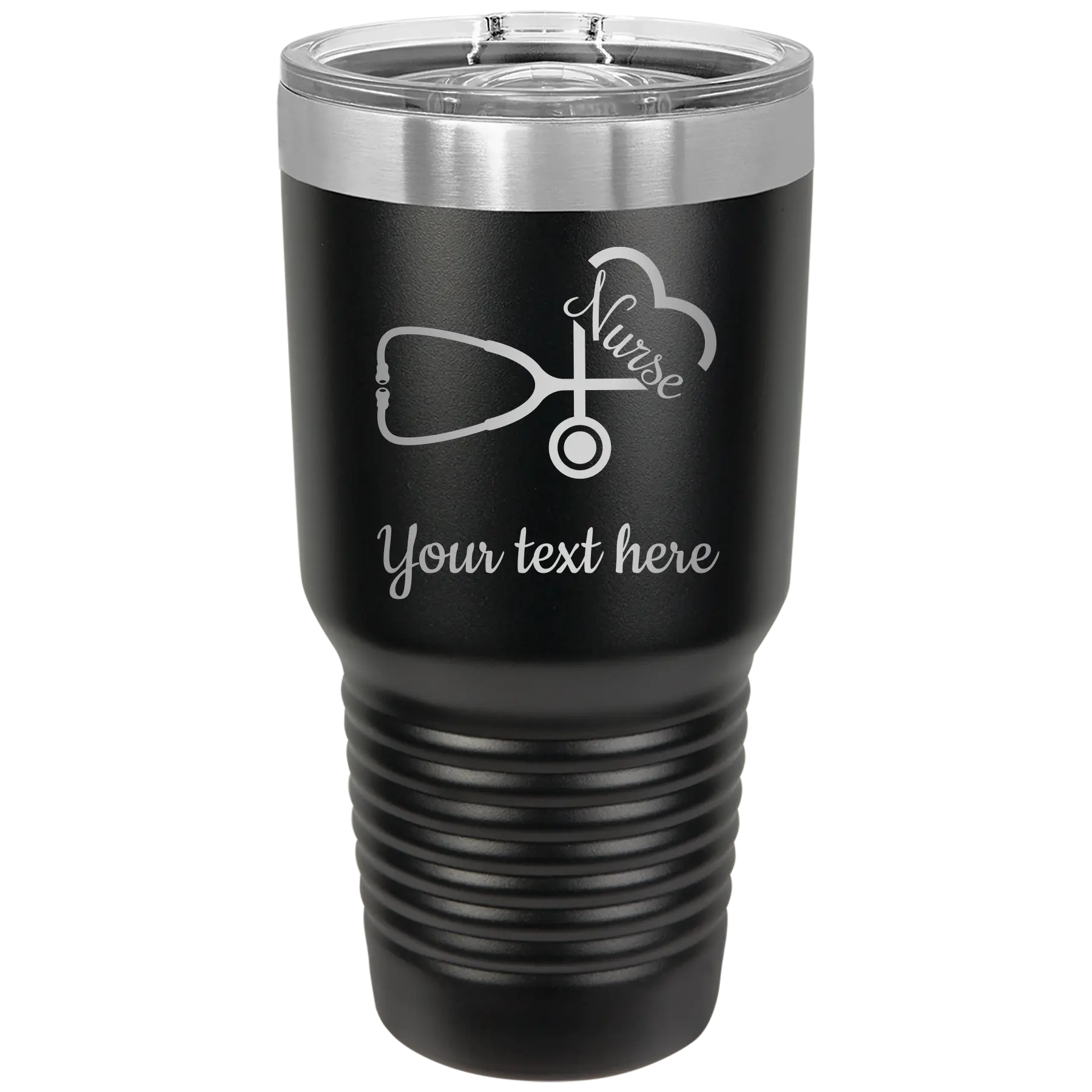 Personalized black 30 oz vacuum insulated tumbler with 'Nurse' design