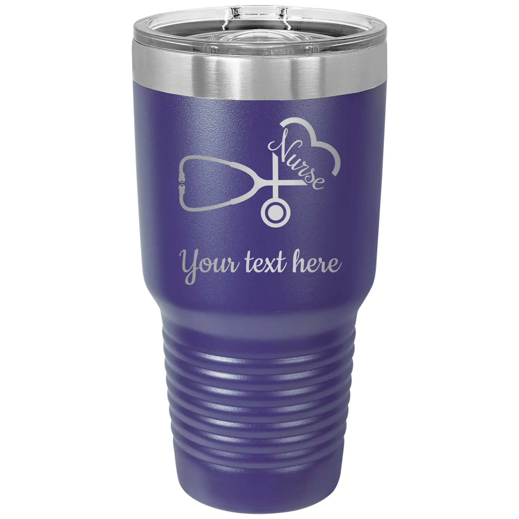 Personalized purple 30 oz vacuum insulated tumbler with 'Nurse' design