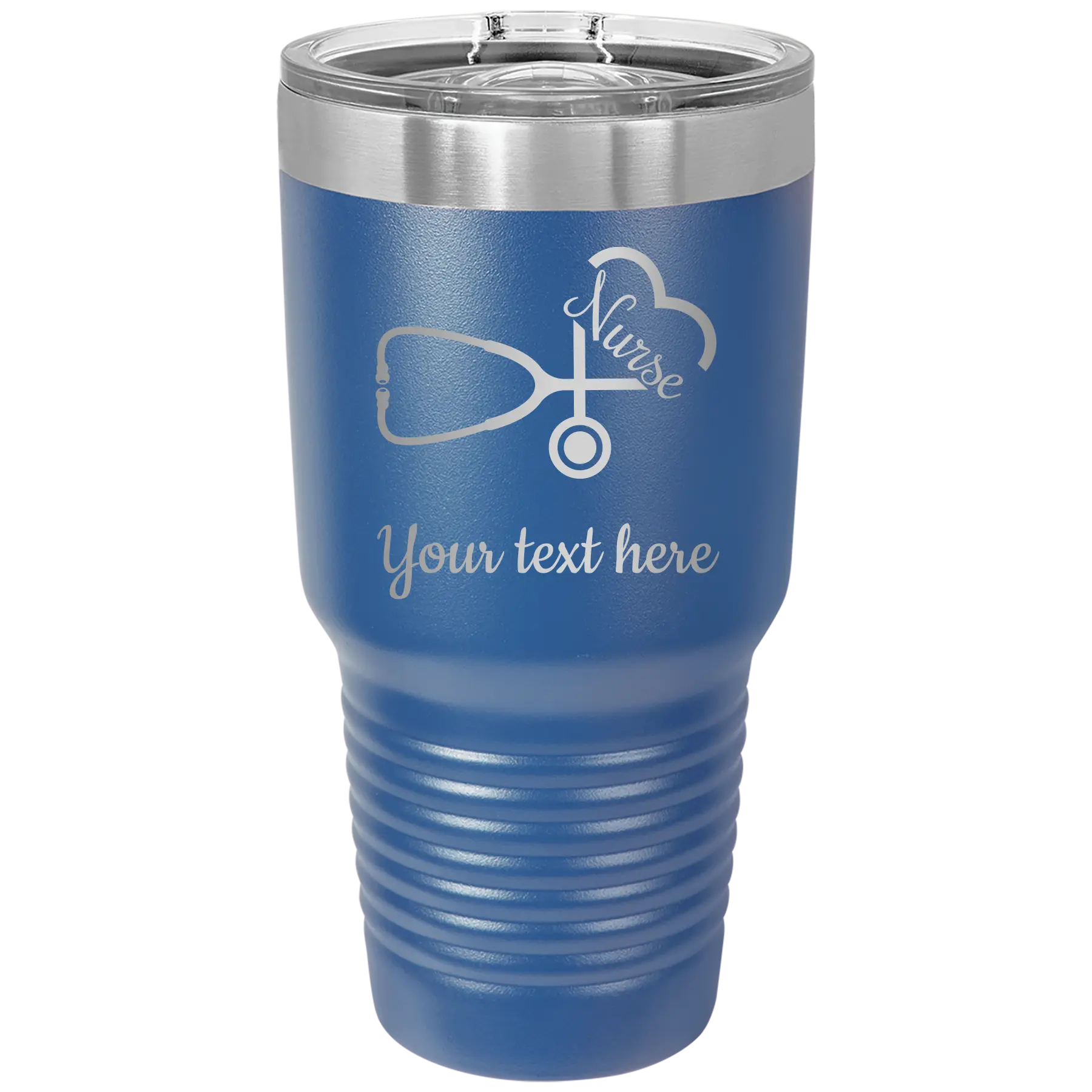 Personalized royal blue 30 oz vacuum insulated tumbler with 'Nurse' design