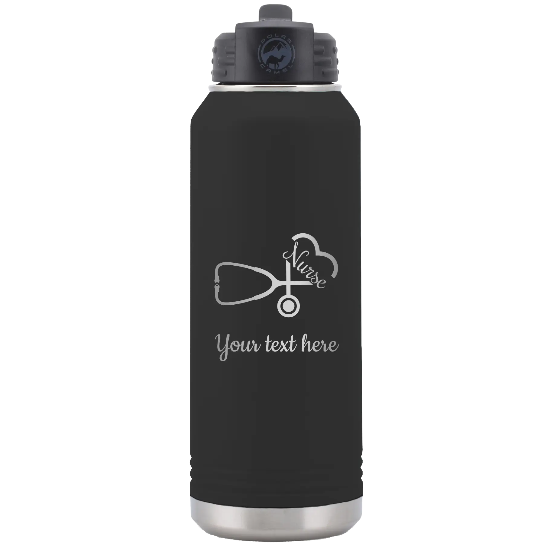 Personalized black 32 oz vacuum insulated water bottle with 'Nurse' design