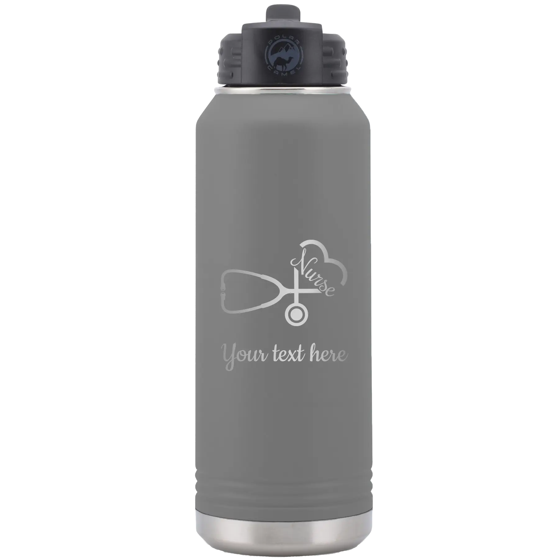Personalized dark gray 32 oz vacuum insulated water bottle with 'Nurse' design