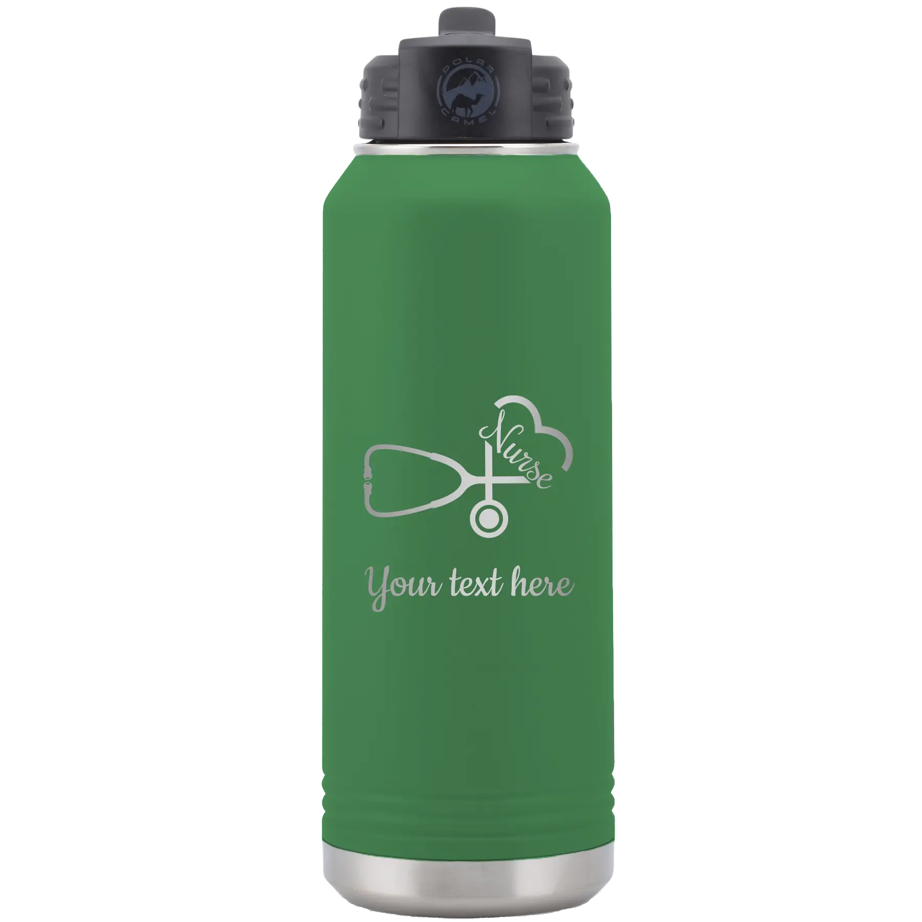 Personalized green 32 oz vacuum insulated water bottle with 'Nurse' design