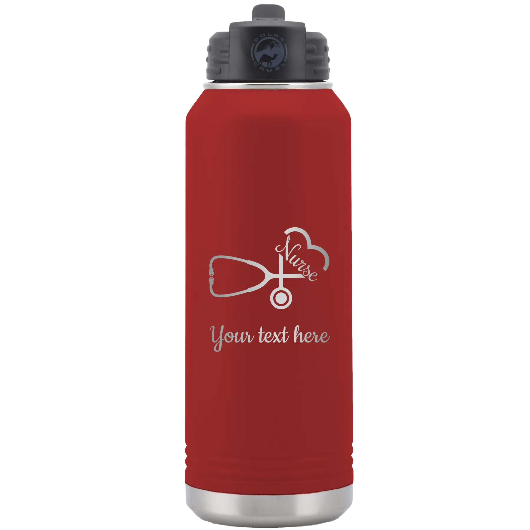 Personalized maroon 32 oz vacuum insulated water bottle with 'Nurse' design