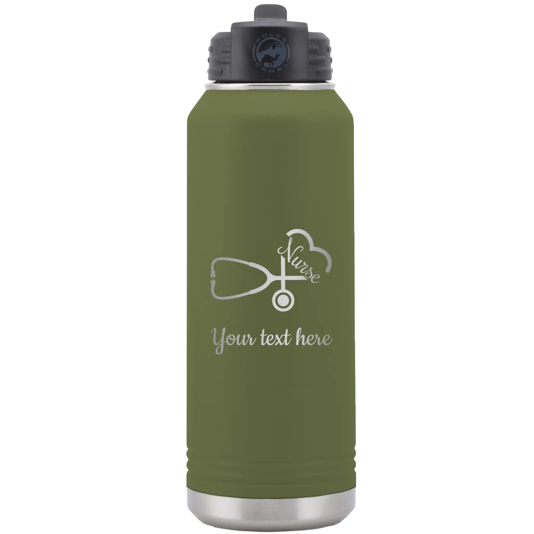 Personalized olive green 32 oz vacuum insulated water bottle with 'Nurse' design