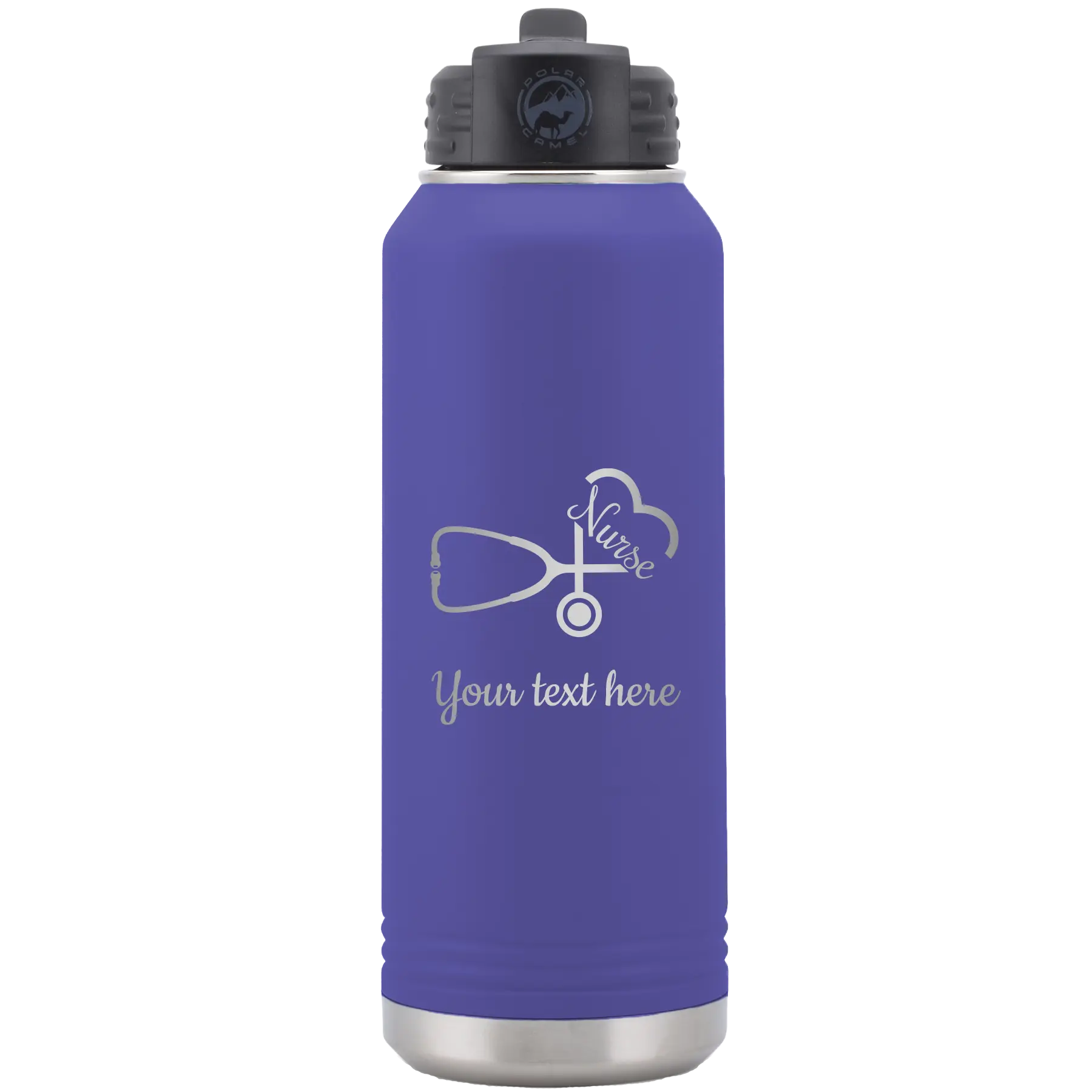 Personalized purple 32 oz vacuum insulated water bottle with 'Nurse' design