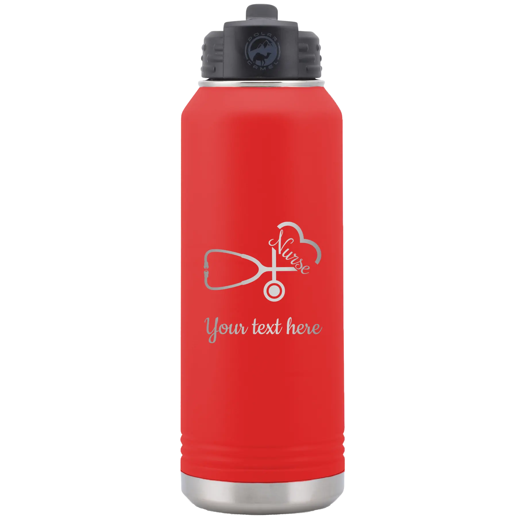 Personalized red 32 oz vacuum insulated water bottle with 'Nurse' design