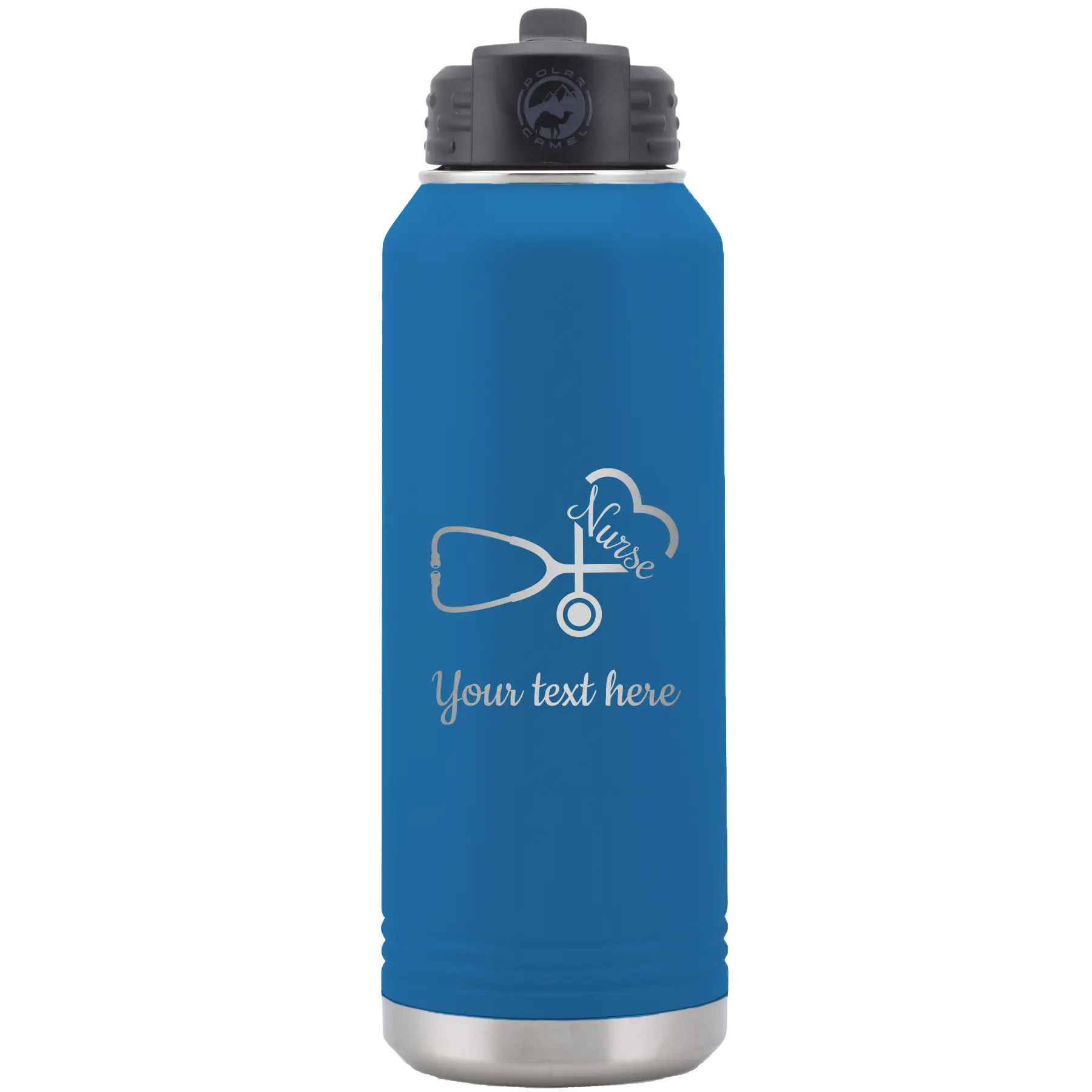 Personalized royal blue 32 oz vacuum insulated water bottle with 'Nurse' design