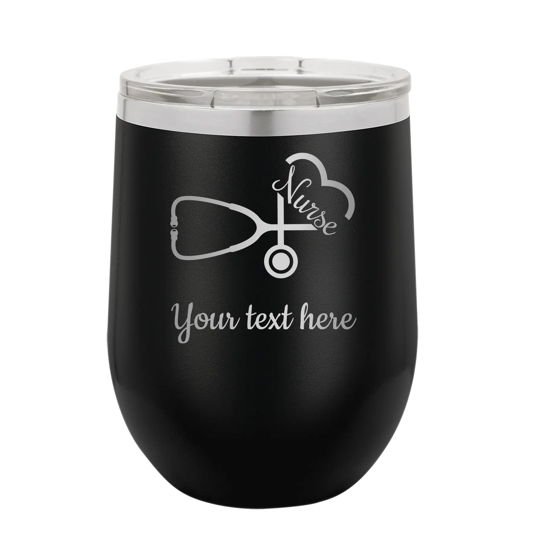 Personalized black 12 oz vacuum insulated wine cup with 'Nurse' design