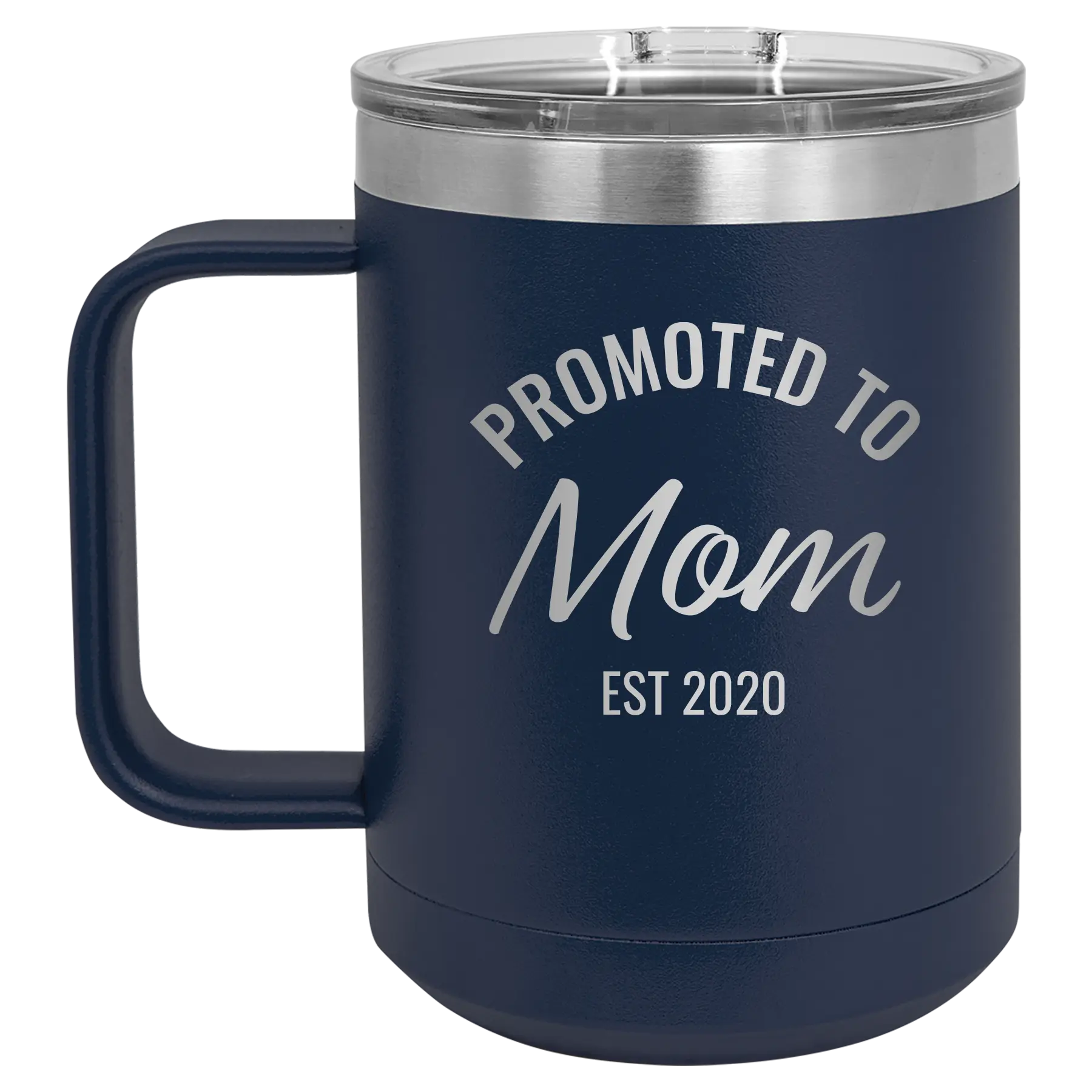 Personalized navy 15 oz vacuum insulated coffee mug with 'Promoted to Mom' design