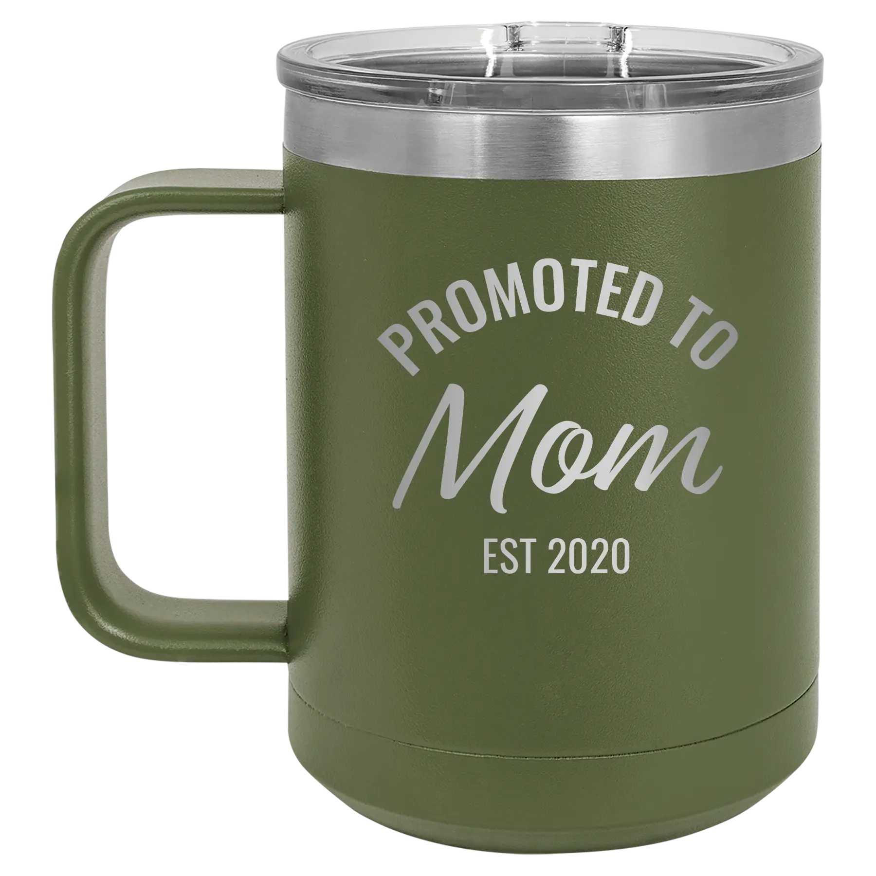 Personalized olive green 15 oz vacuum insulated coffee mug with 'Promoted to Mom' design