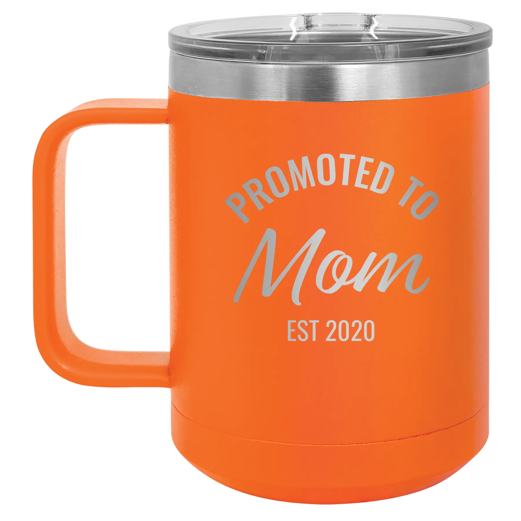 Personalized orange 15 oz vacuum insulated coffee mug with 'Promoted to Mom' design