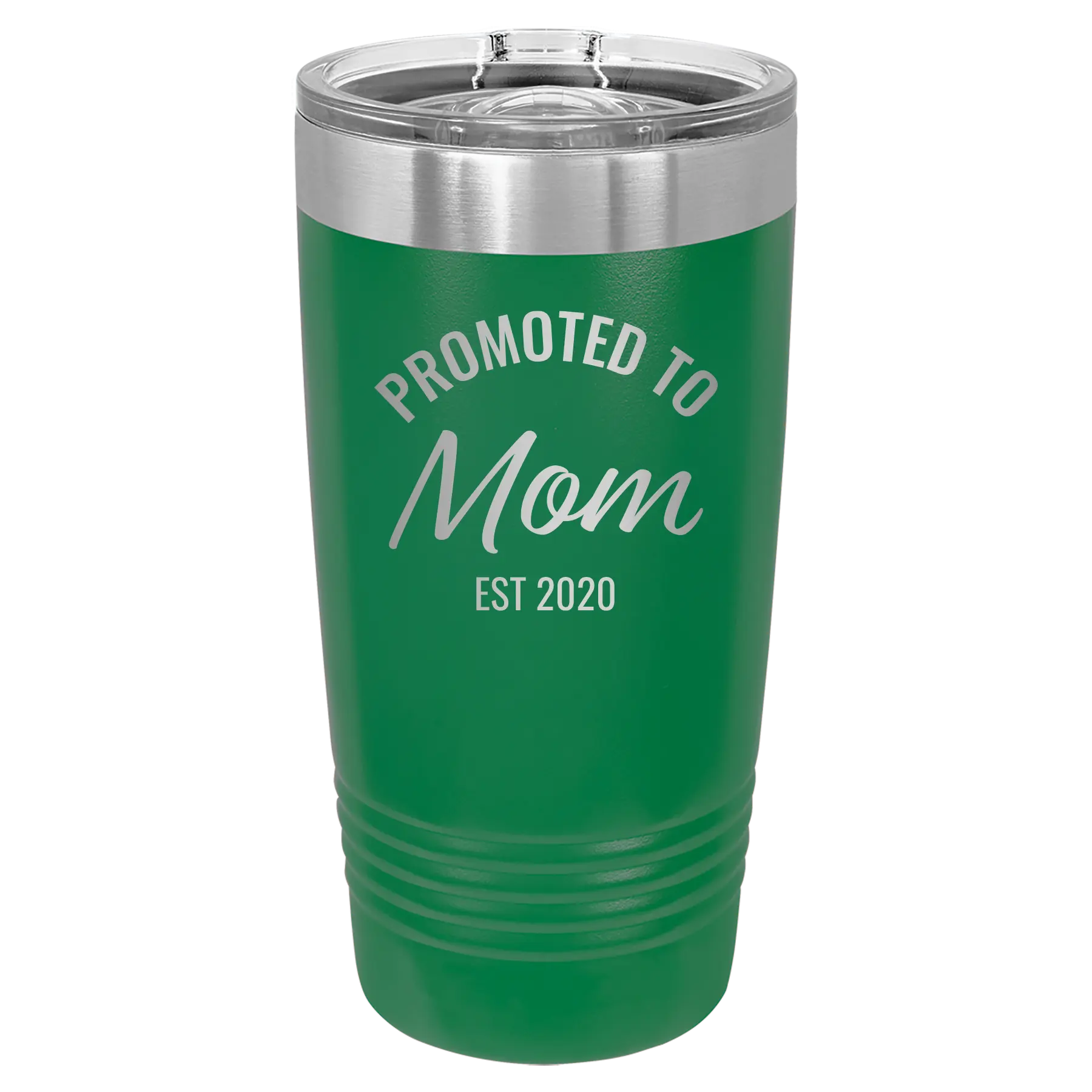 Personalized green 20 oz vacuum insulated tumbler with 'Promoted to Mom' design