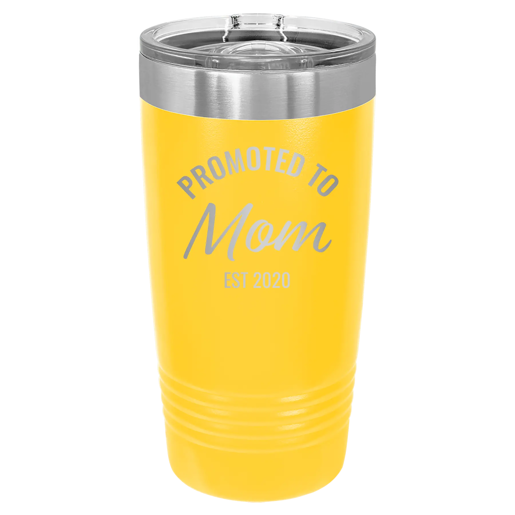 Personalized yellow 20 oz vacuum insulated tumbler with 'Promoted to Mom' design