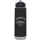 Personalized black 20 oz vacuum insulated water bottle with 'Promoted to Mom' design