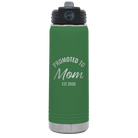 Personalized green 20 oz vacuum insulated water bottle with 'Promoted to Mom' design