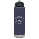 Personalized navy 20 oz vacuum insulated water bottle with 'Promoted to Mom' design
