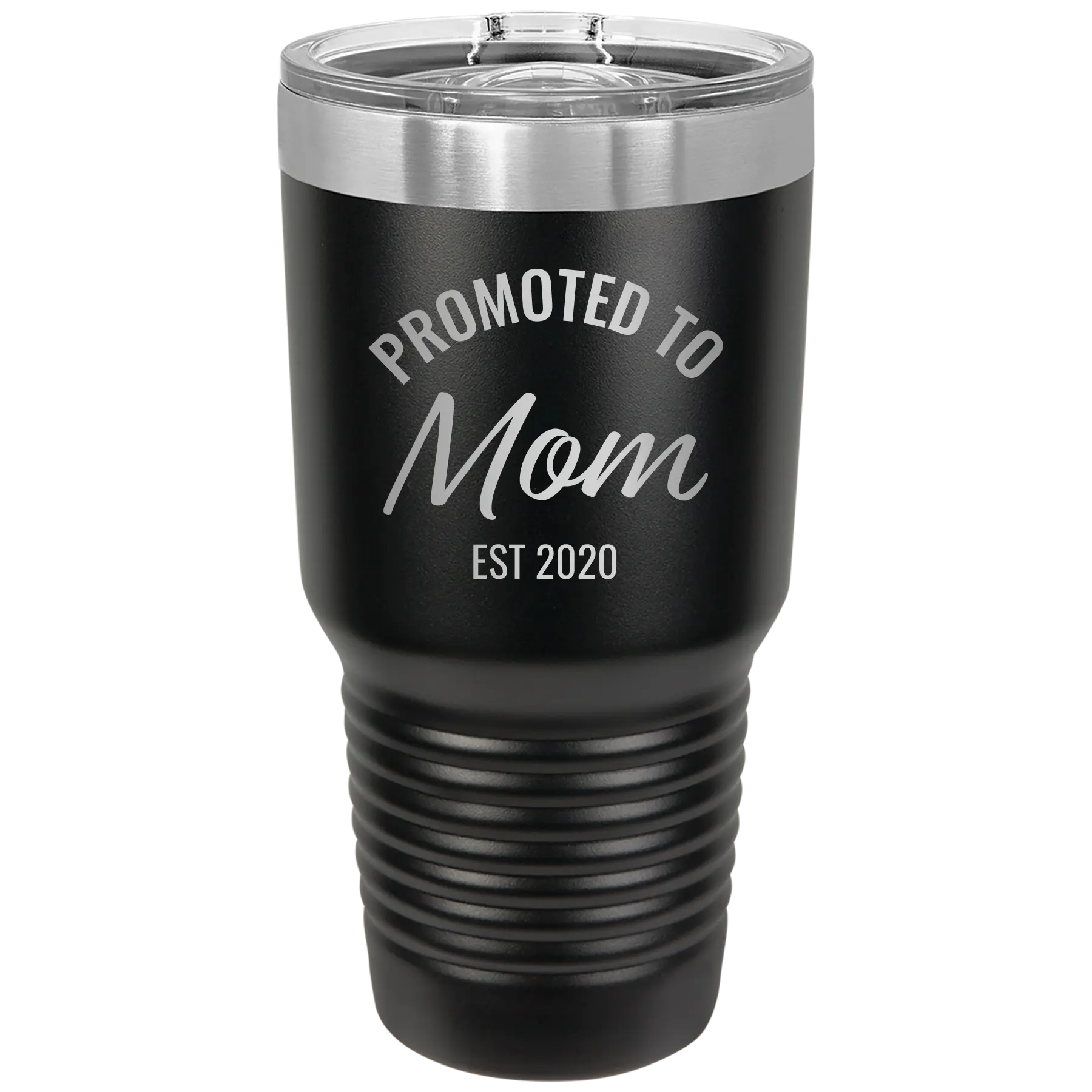 Personalized black 30 oz vacuum insulated tumbler with 'Promoted to Mom' design