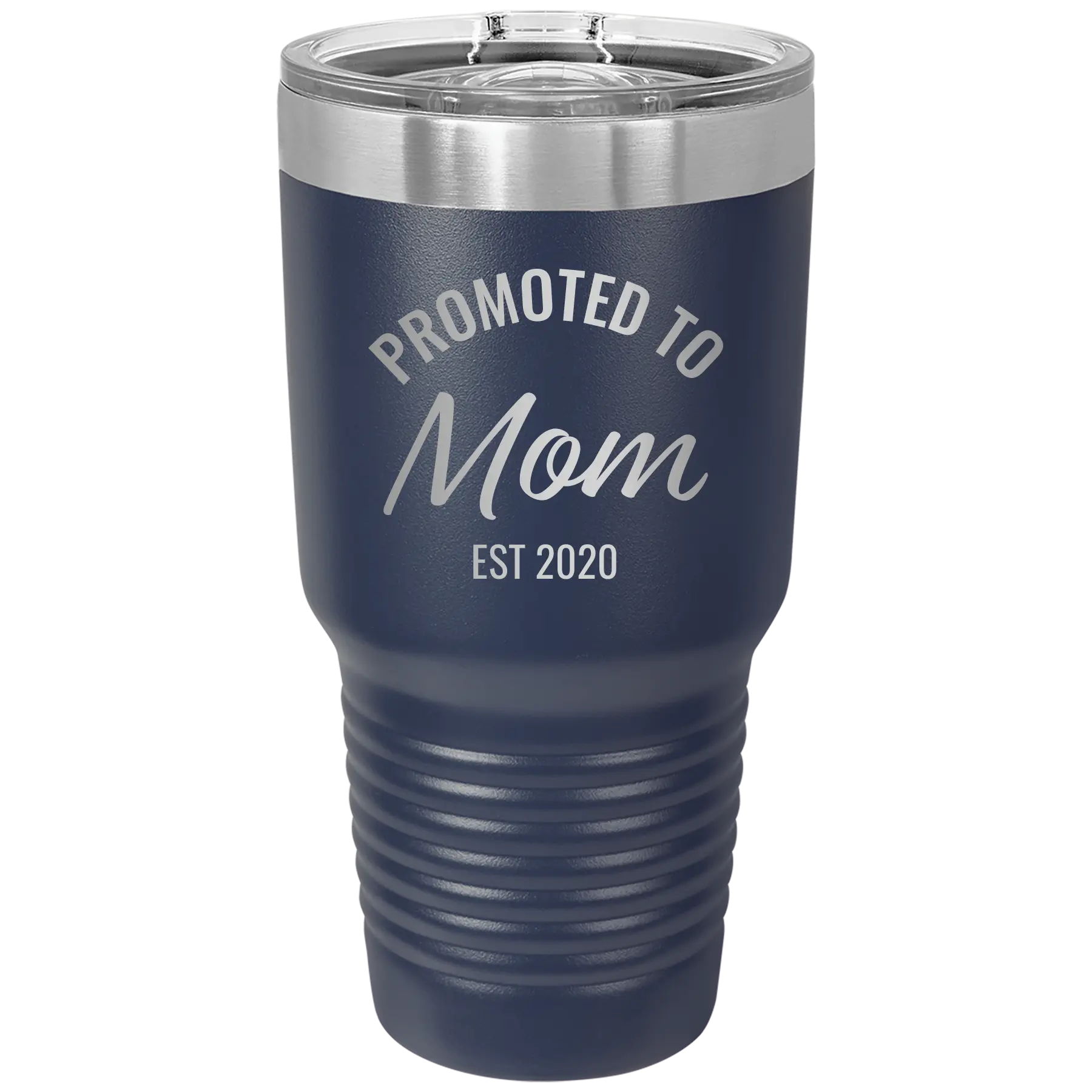 Personalized navy 30 oz vacuum insulated tumbler with 'Promoted to Mom' design
