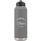 Personalized dark gray 32 oz vacuum insulated water bottle with 'Promoted to Mom' design