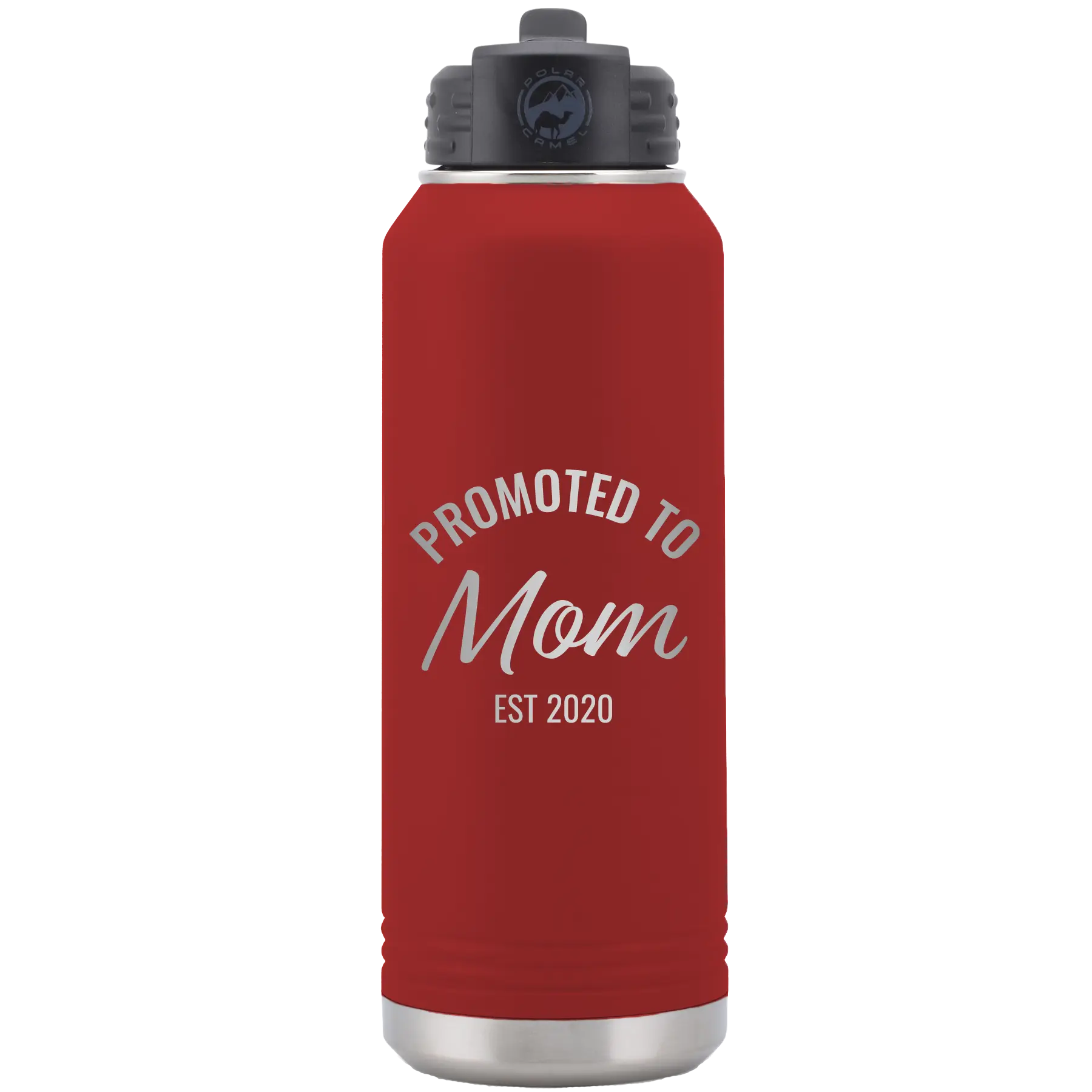 Personalized maroon 32 oz vacuum insulated water bottle with 'Promoted to Mom' design