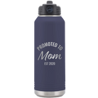 Personalized navy 32 oz vacuum insulated water bottle with 'Promoted to Mom' design