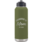 Personalized olive green 32 oz vacuum insulated water bottle with 'Promoted to Mom' design