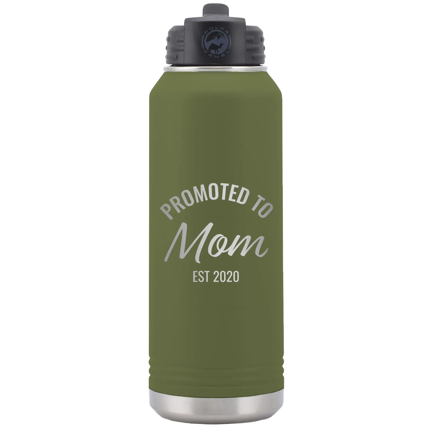 Personalized olive green 32 oz vacuum insulated water bottle with 'Promoted to Mom' design