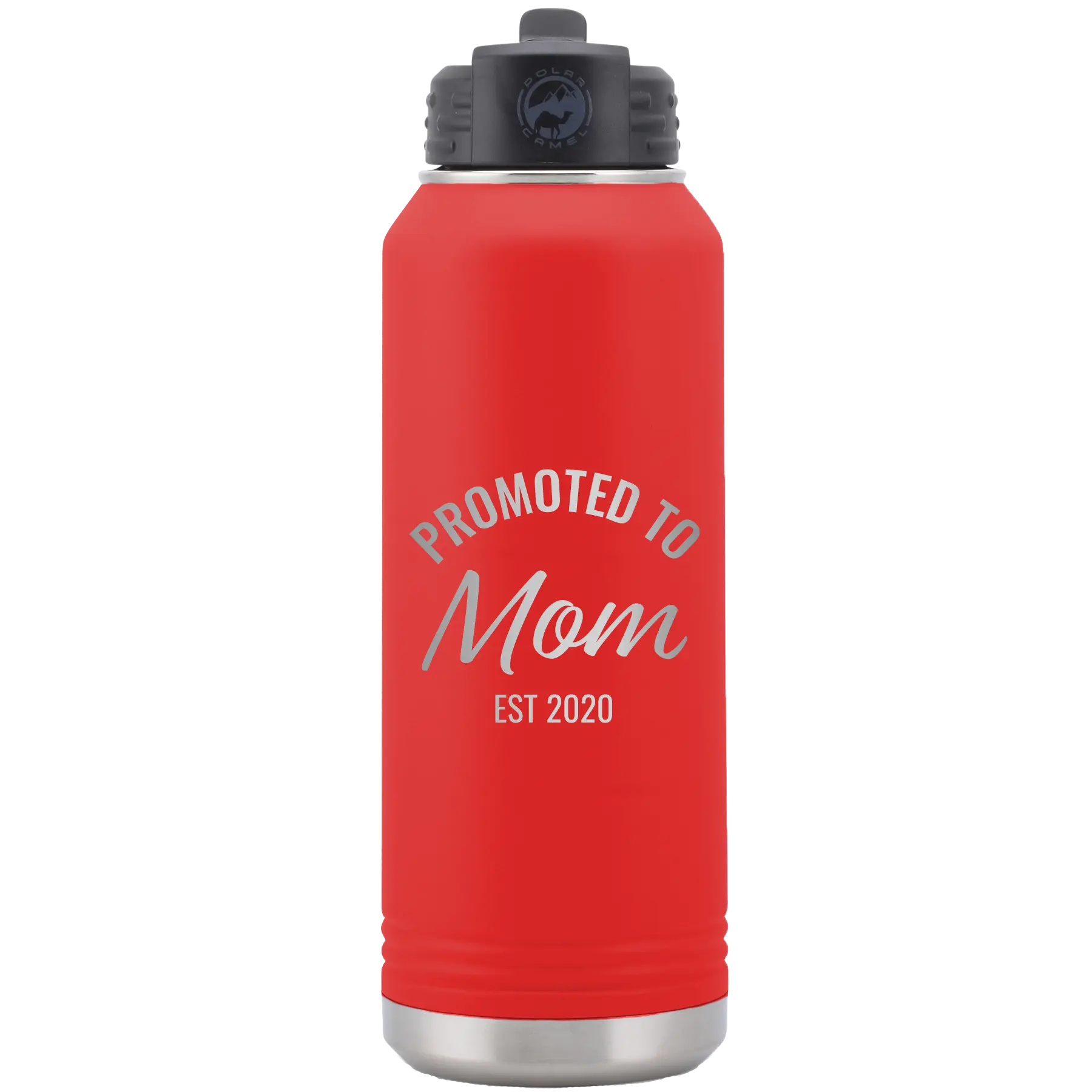 Personalized red 32 oz vacuum insulated water bottle with 'Promoted to Mom' design