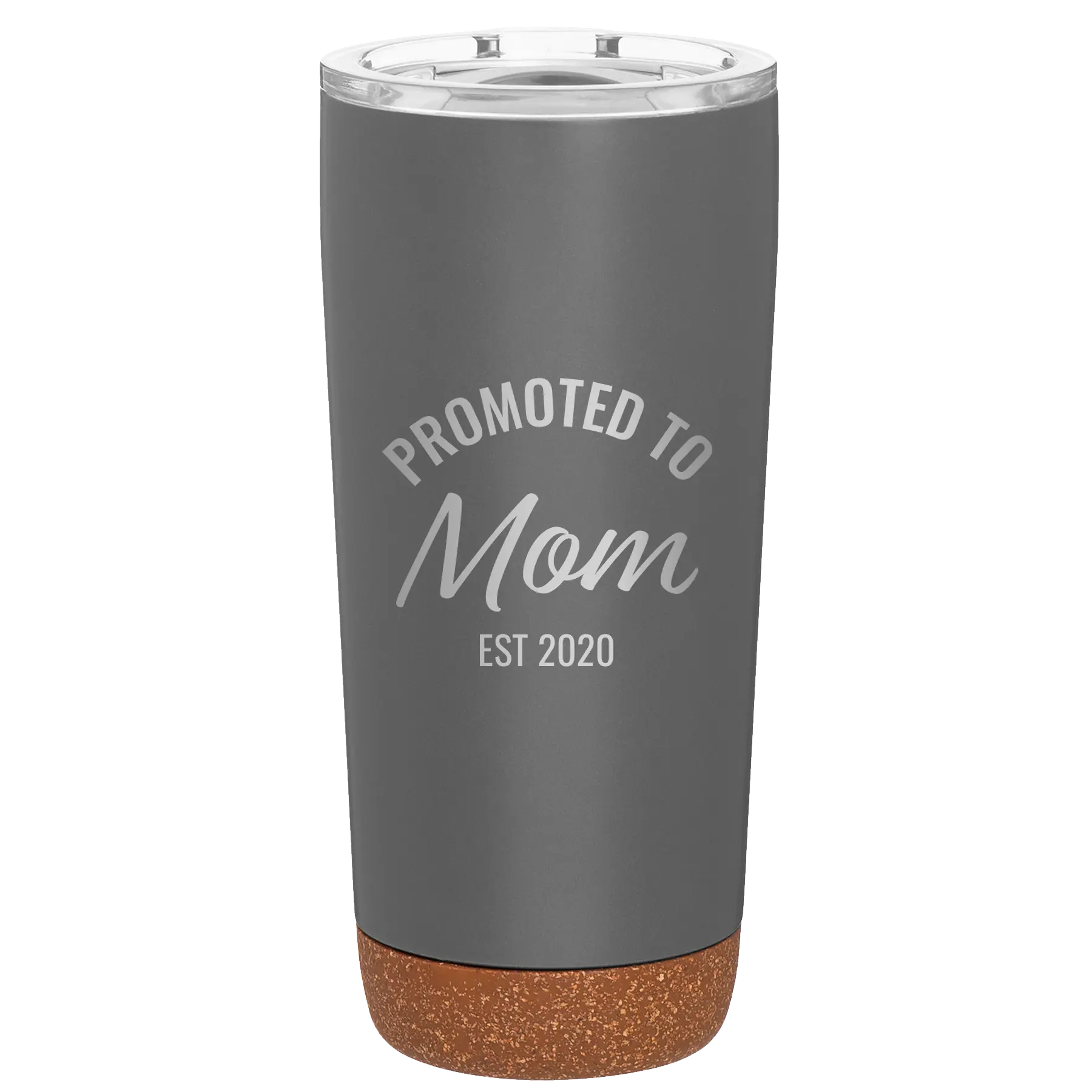 Personalized storm gray 20 oz vacuum insulated tumbler with 'Promoted to Mom' design