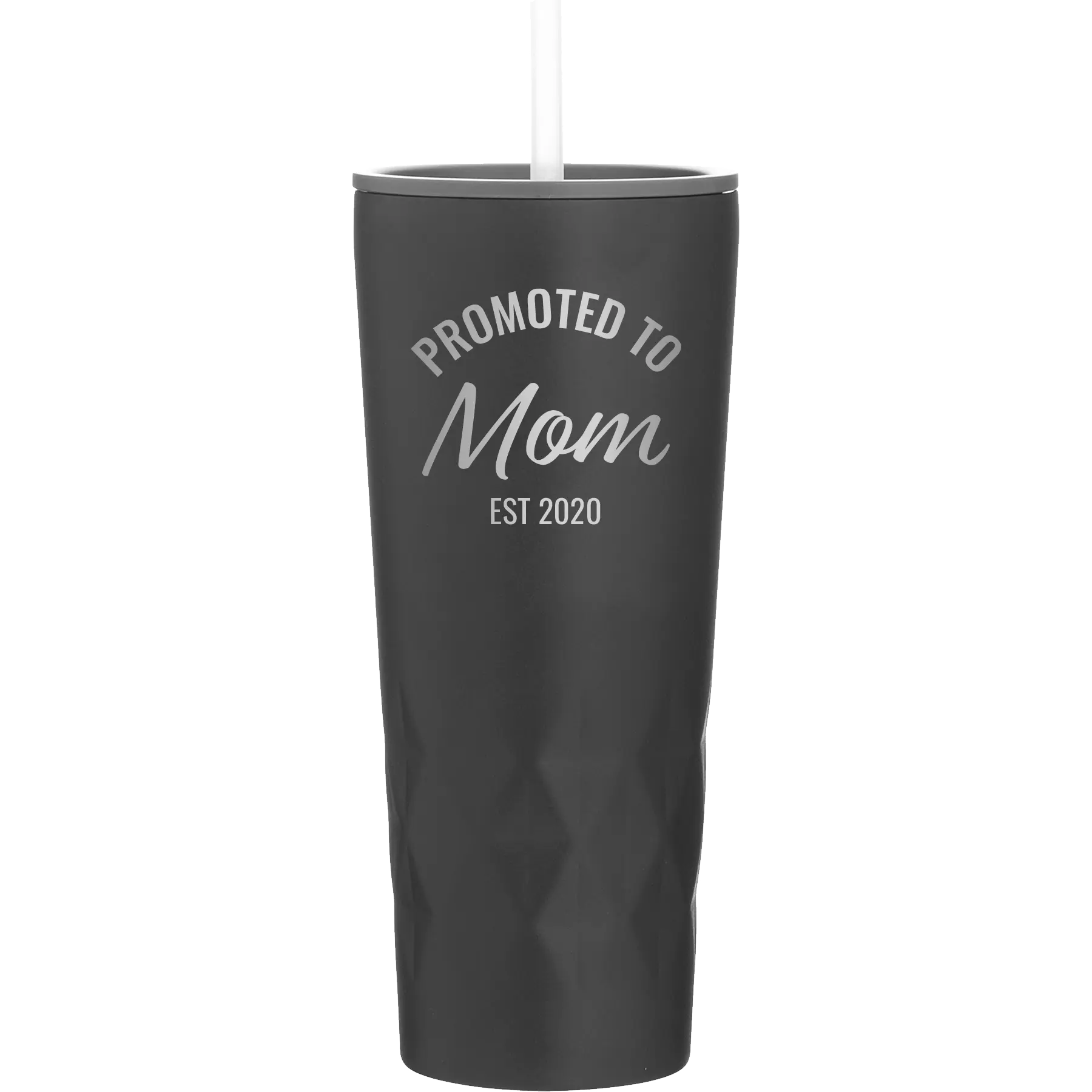 Personalized black 20 oz vacuum insulated tumbler with 'Promoted to Mom' design