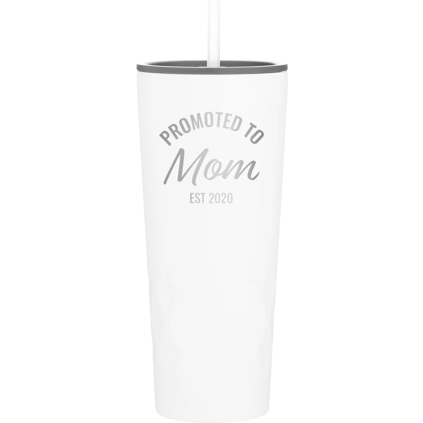 Personalized white 20 oz vacuum insulated tumbler with 'Promoted to Mom' design