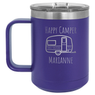 Personalized purple 15 oz vacuum insulated coffee mug with 'Happy Camper' design