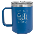 Personalized royal blue 15 oz vacuum insulated coffee mug with 'Happy Camper' design