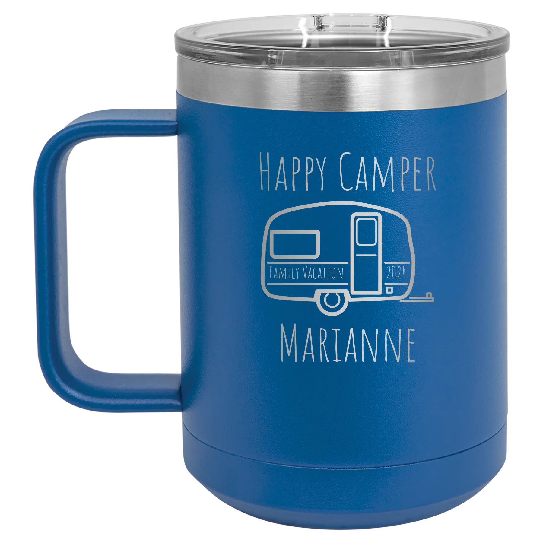 Personalized royal blue 15 oz vacuum insulated coffee mug with 'Happy Camper' design