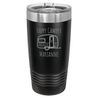Personalized black 20 oz vacuum insulated tumbler with 'Happy Camper' design