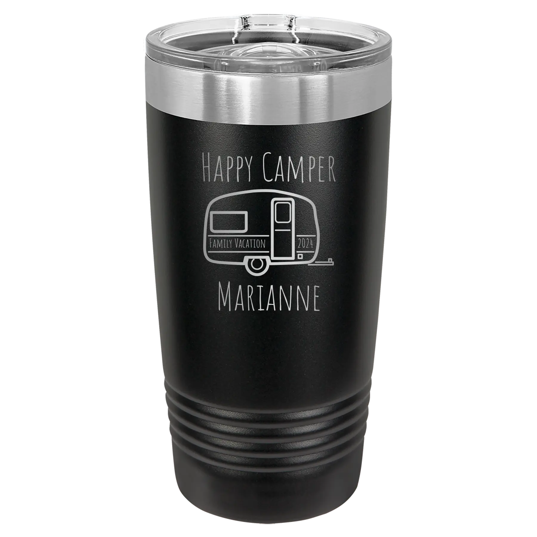 Personalized black 20 oz vacuum insulated tumbler with 'Happy Camper' design