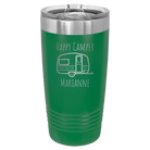 Personalized green 20 oz vacuum insulated tumbler with 'Happy Camper' design