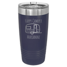 Personalized navy 20 oz vacuum insulated tumbler with 'Happy Camper' design