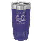 Personalized purple 20 oz vacuum insulated tumbler with 'Happy Camper' design