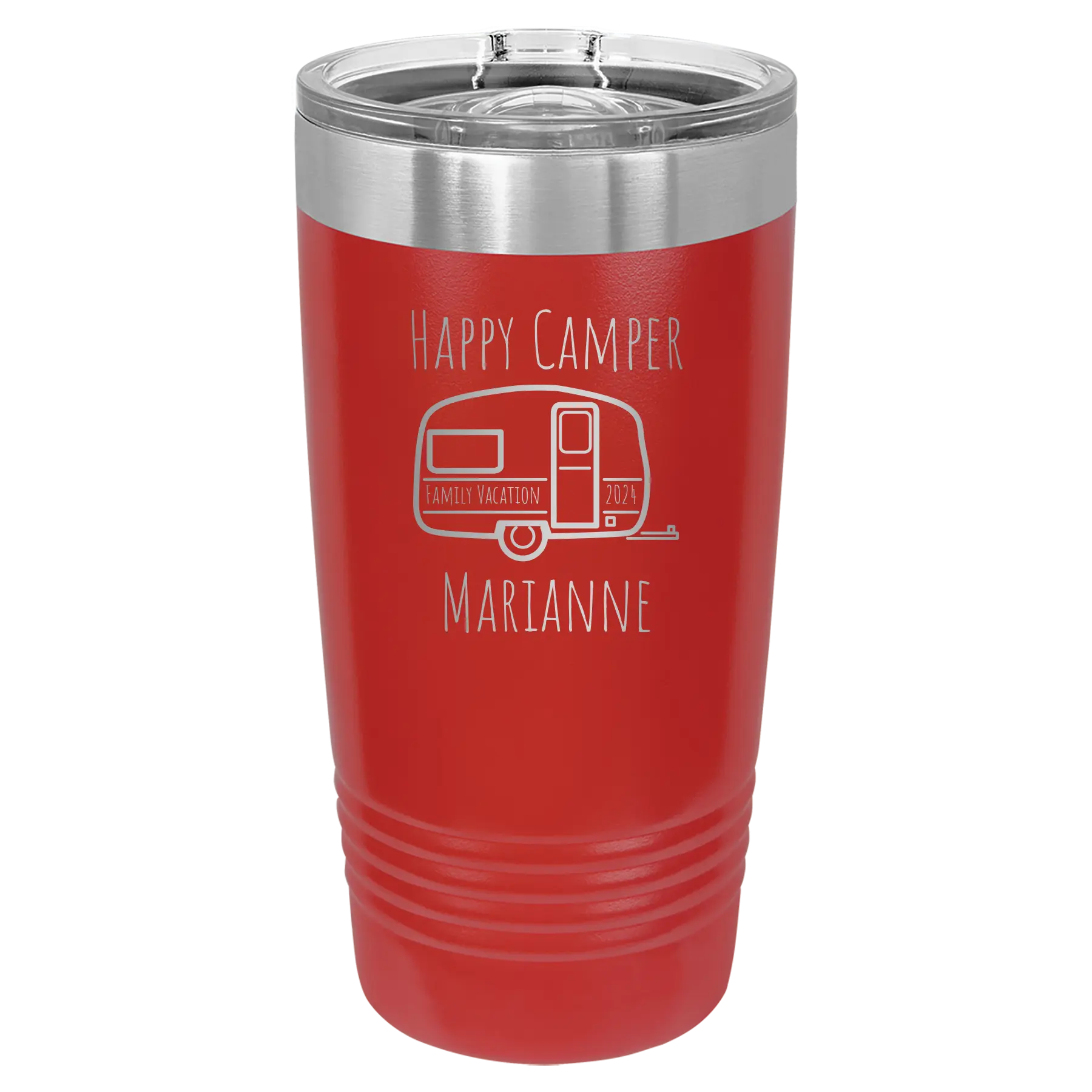 Personalized red 20 oz vacuum insulated tumbler with 'Happy Camper' design