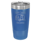 Personalized royal blue 20 oz vacuum insulated tumbler with 'Happy Camper' design