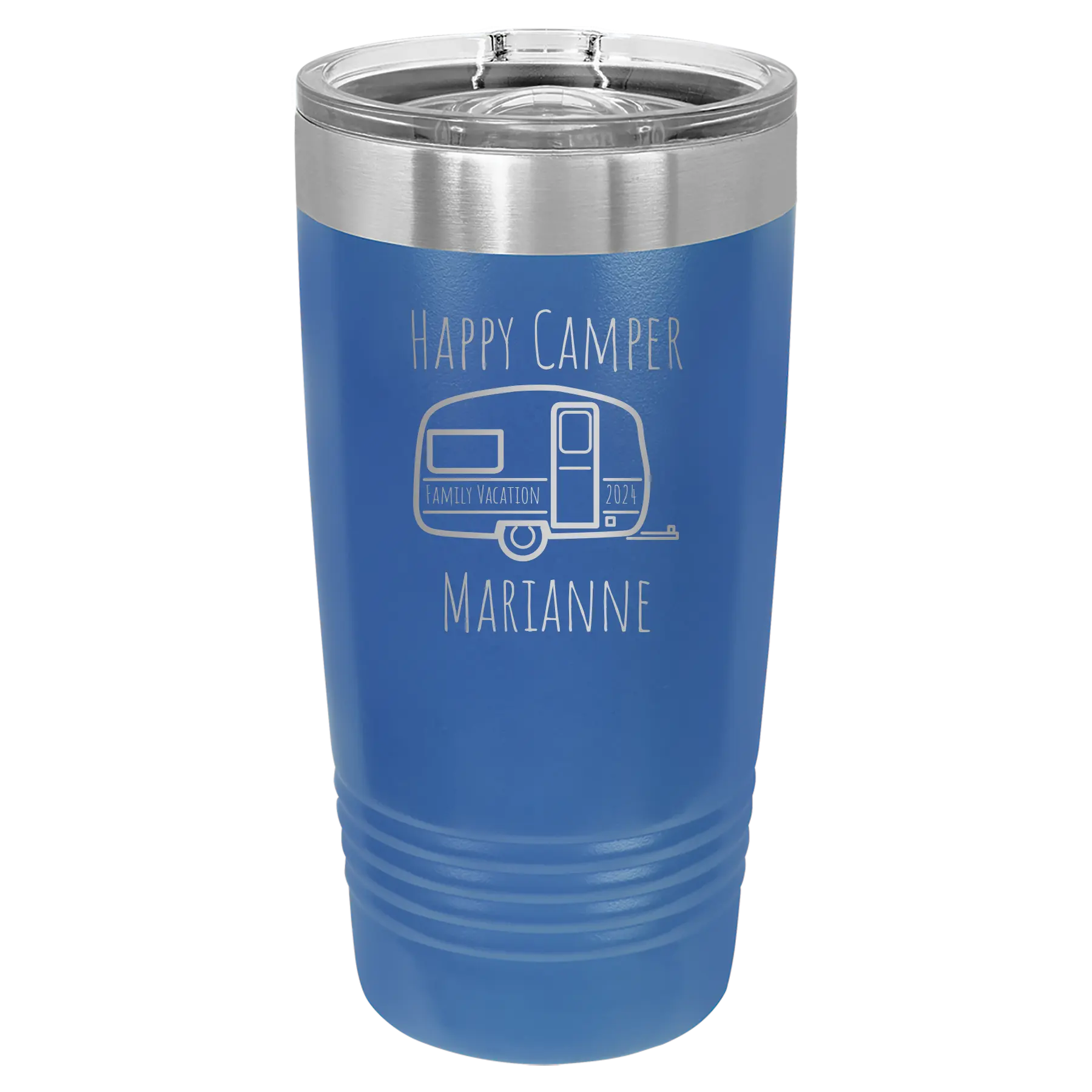 Personalized royal blue 20 oz vacuum insulated tumbler with 'Happy Camper' design