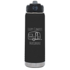 Personalized black 20 oz vacuum insulated water bottle with 'Happy Camper' design