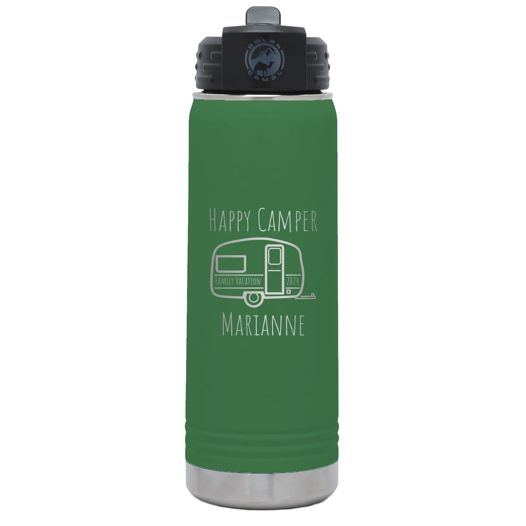 Personalized green 20 oz vacuum insulated water bottle with 'Happy Camper' design