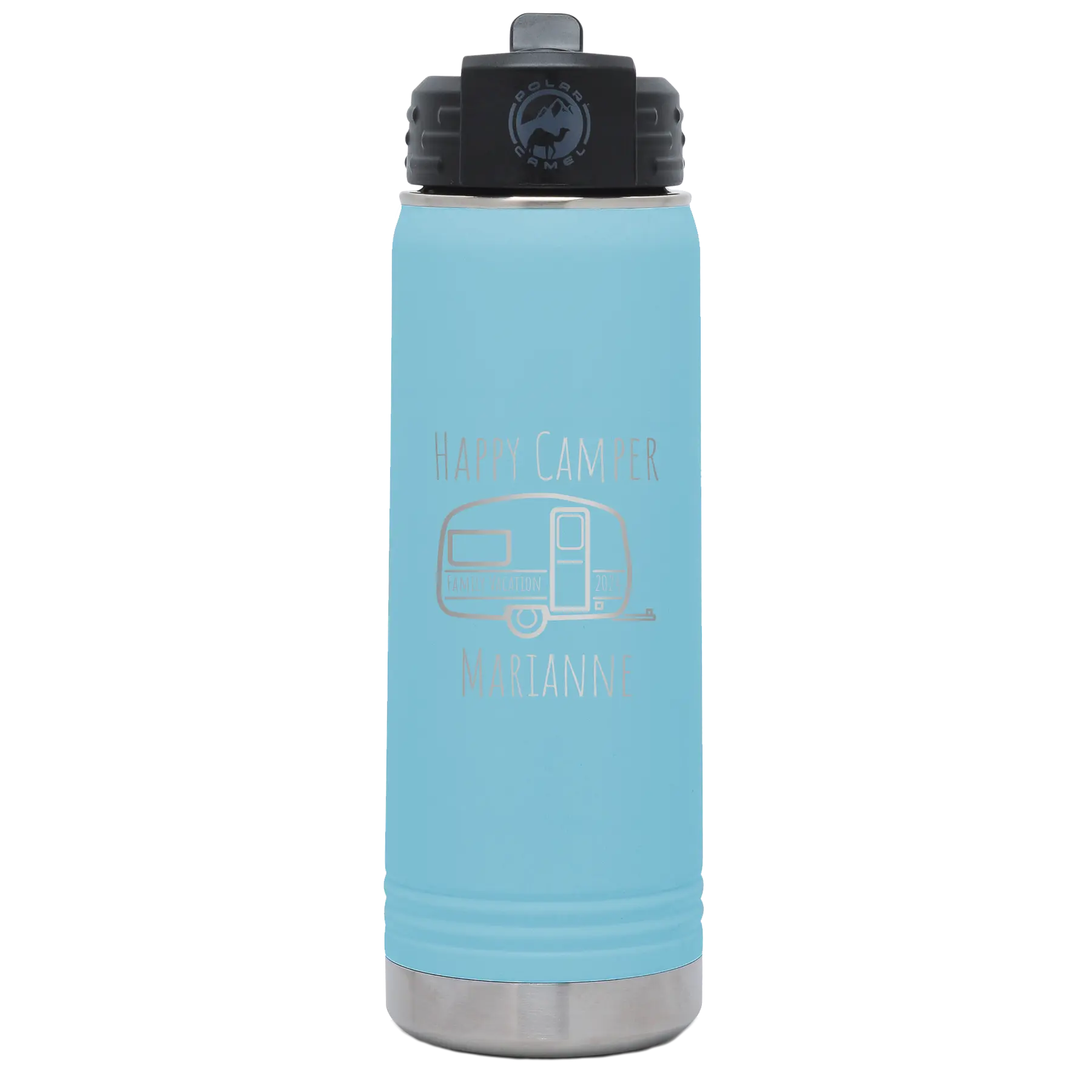 Personalized light blue 20 oz vacuum insulated water bottle with 'Happy Camper' design