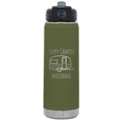 Personalized olive green 20 oz vacuum insulated water bottle with 'Happy Camper' design