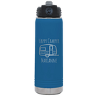 Personalized royal blue 20 oz vacuum insulated water bottle with 'Happy Camper' design