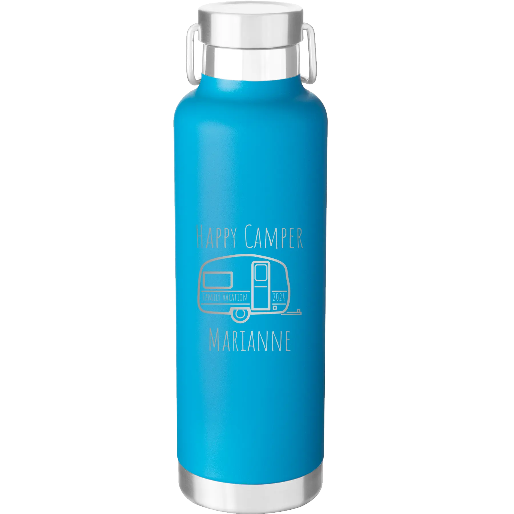 Personalized aqua 24 oz vacuum insulated water bottle with 'Happy Camper' design