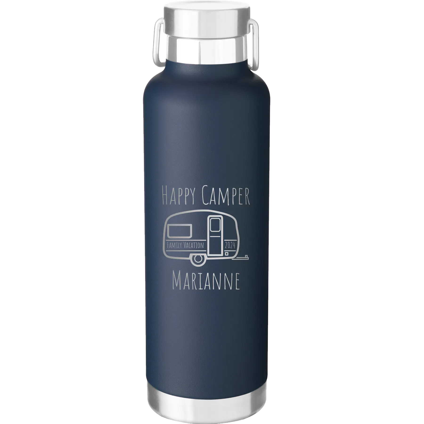 Personalized navy 24 oz vacuum insulated water bottle with 'Happy Camper' design